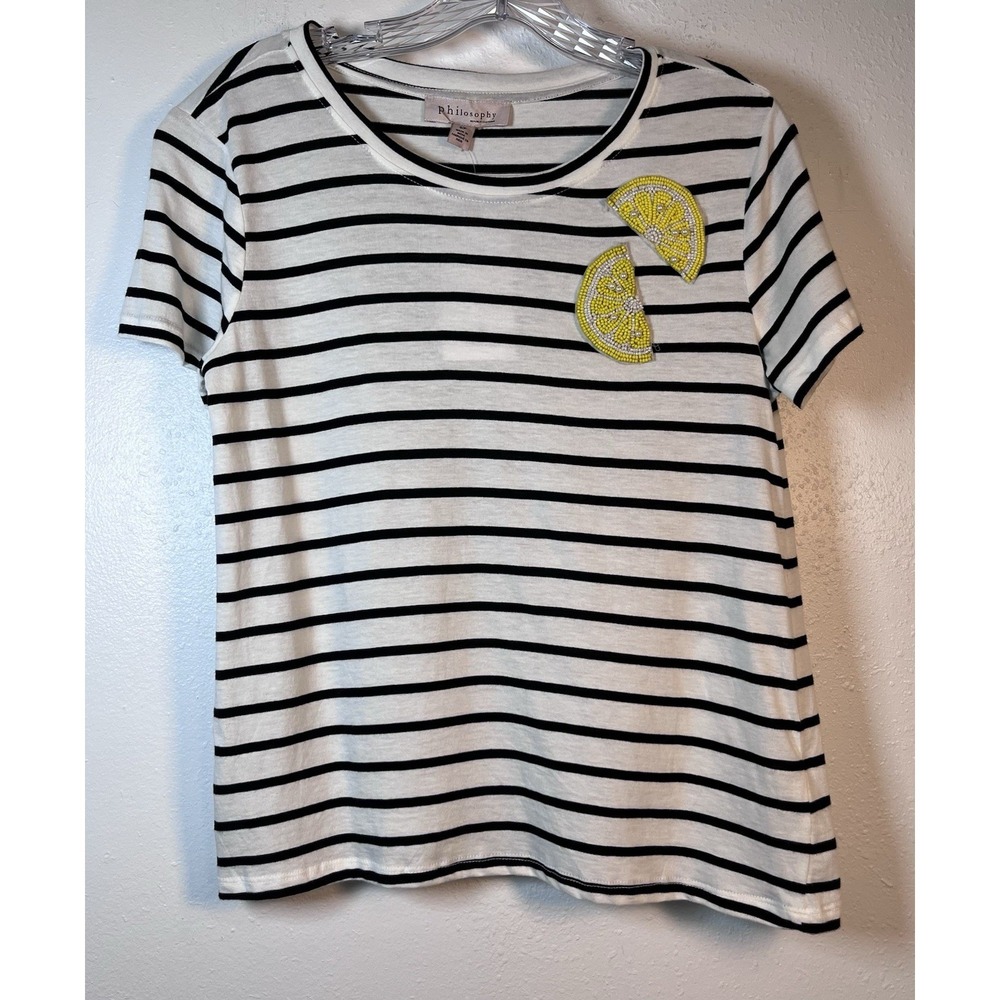 New PHILOSOPHY Sz S Top Black White Striped Tee Beaded Lemons Summer S/S NWT